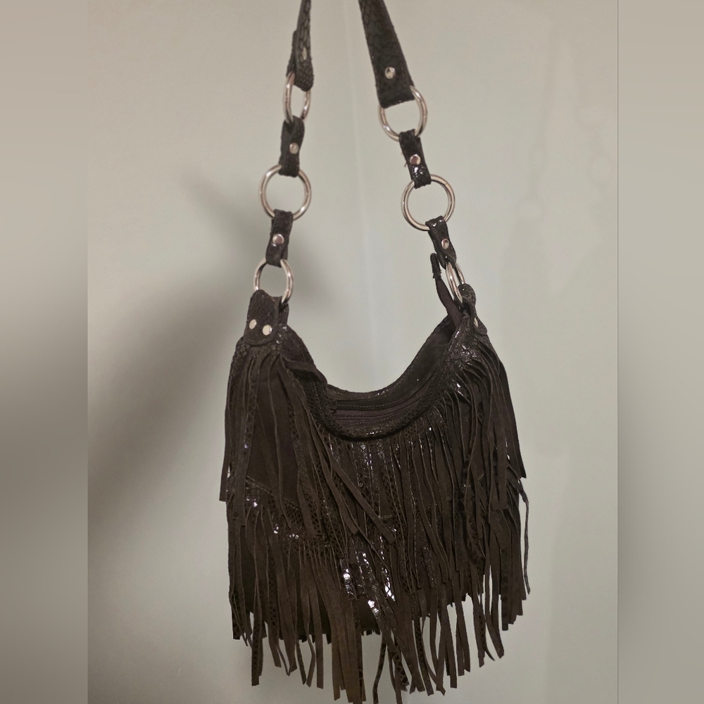 Fringe Suede Shoulder Bag - Black